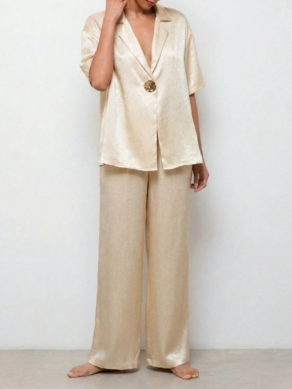 Cream Satin Two-Piece Set - Oversized Blazer Top & Wide Leg Pants
